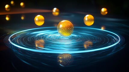 Poster - Abstract representation of atomic structure.  Circular orbit of glowing sphere surrounded by smaller spheres