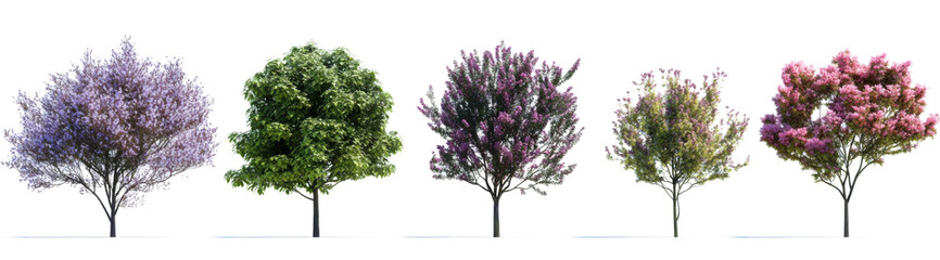 set of magnolia liliiflora and prunus persica (the peach) blossoming frontal street trees isolated p
