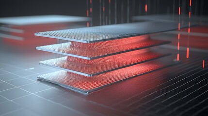 Poster - Advanced layered technological structure.  Complex interconnected system of stacked metallic plates, illuminated with vibrant red accents,  suggesting intricate internal workings