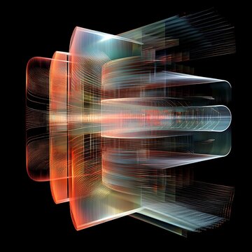 Abstract futuristic technological design.  Intricate layered shapes with vibrant colors.  Dynamic lines and light effects create a sense of movement and energy. 