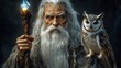 © icik icik bum - Elderly Wizard with Owl and Glowing Gemstone Staff