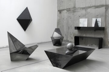Aufkleber - Modern interior design featuring geometric shapes and unique furniture in a minimalist office space located in an urban area during bright daylight