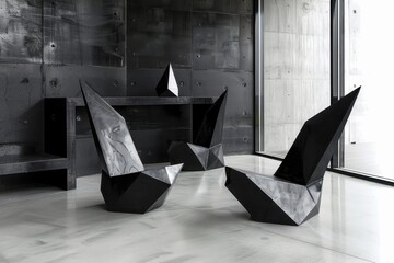 Aufkleber - Modern interior design featuring geometric shapes and unique furniture in a minimalist office space located in an urban area during bright daylight