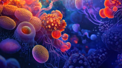 Poster - Microscopic illustration of human cells in deep blue background. Cells appear 3D with detailed structure. Image shows details of cell nuclei. Biomedical graphic suitable for educational materials