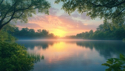 Aufkleber - Serene sunrise over tranquil lake surrounded by lush greenery during early morning hours