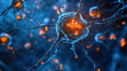 Poster - Microscopic illustration of human cells in deep blue background. Cells appear 3D with detailed structure. Image shows details of cell nuclei. Biomedical graphic suitable for educational materials