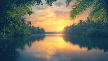 Aufkleber - Serene sunrise over tranquil lake surrounded by lush greenery during early morning hours