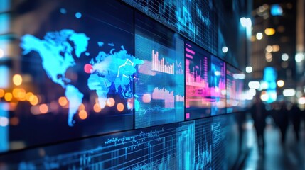Poster - Large touchscreen monitor displaying global market trends and competitive strategy insights.