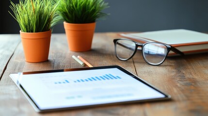 Poster - Modern office desk with a digital tablet displaying market research insights and trend analysis.
