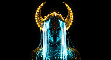 Poster - Abstract Glowing Mask with Horns Featuring Intricate Digital Light Patterns and Symmetrical Design