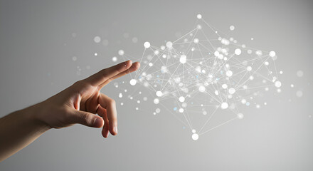 Poster - Close Up of Hand Touching Digital Network Over Gray Background Representing Technology and Communication