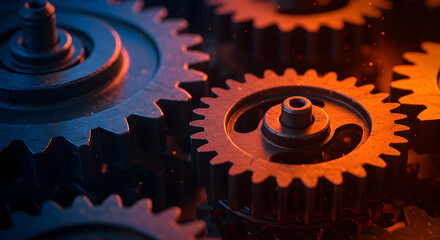 Poster - Complex Interlocking Gears with Orange and Blue Lighting Demonstrating Mechanical Engineering and Industrial Technology