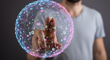 Poster - Conceptual Digital Sphere Display with Interconnected Nodes and a Man Interacting with the Holographic Projection in Soft Light