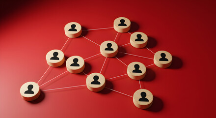 Poster - Connection Between Wooden Circles in Red Background with Network of Dots and Lines Showing an Abstract Social Connection