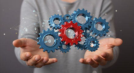 Aufkleber - Floating Gears in Hands Represents Mechanism and Technology with Blue and Red Accents