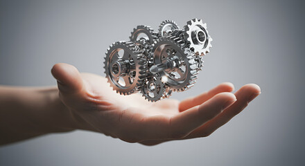 Poster - Hand Holding Silver Metallic Gears Mechanical Engineering Concept on Gray Background