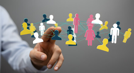 Poster - Hand Touching 3D Rendered People Network with Blue and Gold Silhouette Figures on Gray Backdrop