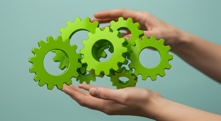 Poster - Hands Holding Green Gears Symbolizing Connection and Teamwork on Light Blue Background