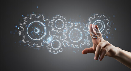 Poster - Human Hand Interacting with Digital Gear Wheels Against Dark Gray Background Artificial Intelligence And Future Technology