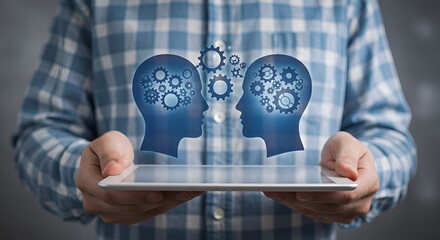 Aufkleber - Man Holding Tablet with Brain Gears Concept in Blue and Gray Background