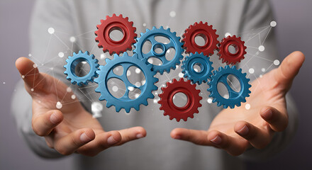 Aufkleber - Man's Hands Holding a Group of Blue and Red Gears with Connectivity Network in a Digital World