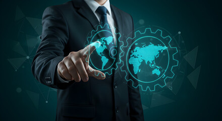 Poster - Man in Suit Touching Digital World Globe on Dark Teal Background Showing Global Network