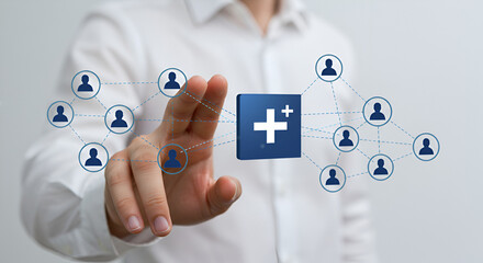 Poster - Man Touches Blue Digital Network of People on a White Background Symbolizing Technology
