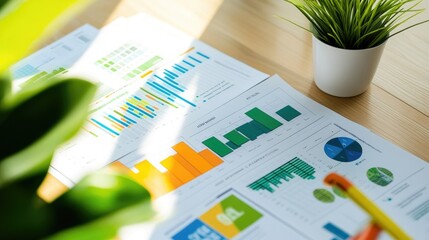 Poster - Top-down view of a table filled with strategy documents, financial plans, and a printed business model.