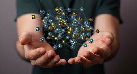 Poster - Person Holding Holographic Sphere Network of Interconnected Golden and Blue Nodes with Dots in a Close Up View