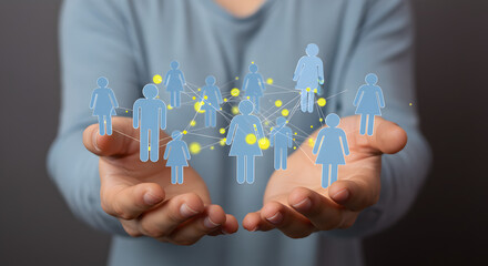 Poster - Person Holds Digital Network of People Figures in Interconnected System with Glowing Dots and Soft Focus Background