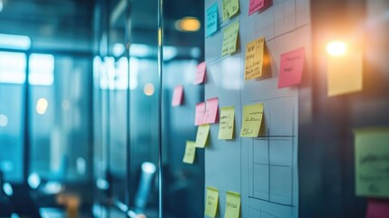 Poster - Whiteboard with sticky notes illustrating a step-by-step guide to market research and analysis.