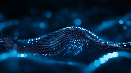 Aufkleber - Abstract blue wave of dots and lines on a dark background, featuring bokeh lights, representing digital technology, big data, and sound waves in a futuristic design.