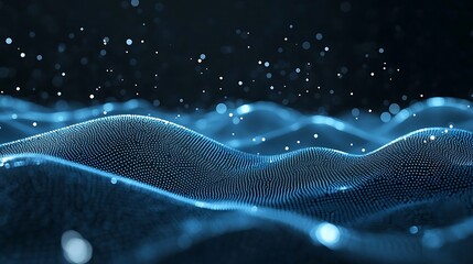 Aufkleber - Abstract blue wave of dots and lines on a dark background, featuring bokeh lights, representing digital technology, big data, and sound waves in a futuristic design.