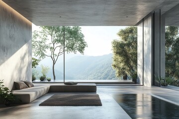 Aufkleber - Modern minimalist interior with large windows offering nature views in a serene environment during daylight