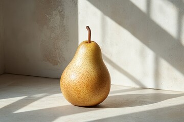 Fototapete - Fresh yellow pear rests elegantly on soft white fabric, showcasing natural beauty in morning light with delicate green leaves enhancing its charm