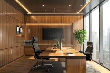 Leinwandbilder - Creative workspace featuring wooden tables with moss planters and modern computers in a bright, open office environment, fostering innovation and collaboration