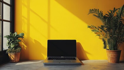 Aufkleber - Bright workspace features a minimalist design with a laptop on a stone desk and houseplants against a vibrant yellow wall in natural light