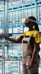 Poster - vertical video smart photovoltaics factory expert wearing vr headset looks at system performance met