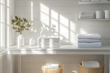 Poster - Bright and airy bathroom with neatly stacked towels and soft light filtering through windows in a minimalist setting