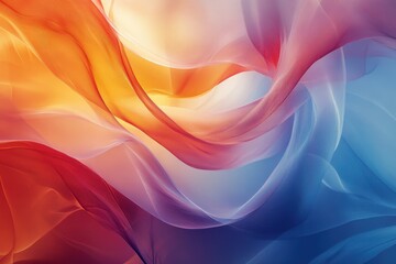 Poster - Colorful flowing fabric displays vibrant waves of orange, teal, and cream under soft light in a studio setup, creating an elegant and artistic textile arrangement