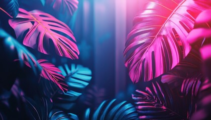 Poster - Vibrant tropical leaves illuminated by neon lights in a captivating and colorful display