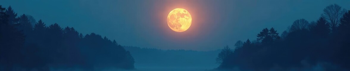 full moon rising above the treetops in a misty forest landscape, treetops, mist, natural light