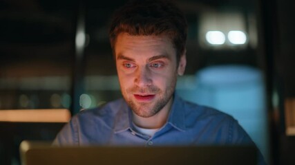 Poster - Smiling freelancer browsing computer feeling satisfied project at night closeup.
