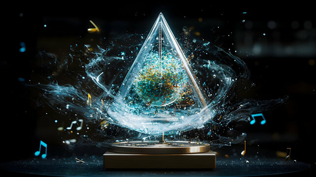 Abstract Pyramid with Musical Notes and Particles