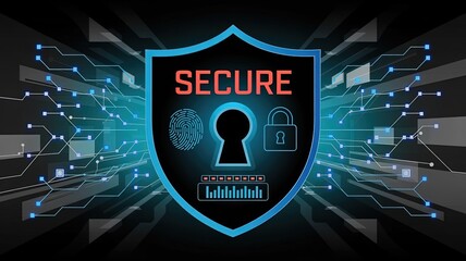 Poster - Digital Fortress: A striking visual embodies robust security, with a glowing shield at its core. This image conveys a strong message about digital protection and cybersecurity. 