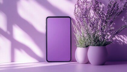 Poster - Stylish smartphone mockup against a soft purple backdrop with lush lavender plants in modern pots during bright daylight