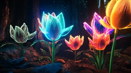 Aufkleber - vibrant digital garden filled with glowing flowers at twilight generative ai
