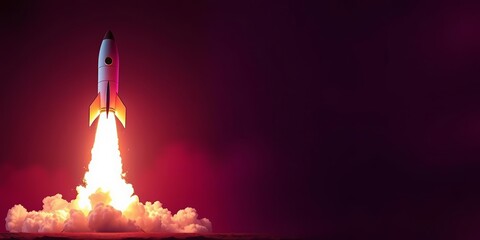 Wall Mural - Fiery rocket launch against vibrant neon backdrop, colorful, flight