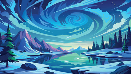 Magical Winter Landscape Serene Lake Snowy Mountains and a Swirling Aurora Borealis