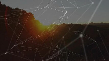 Poster - Data processing animation with network connections over mountain landscape at sunset
